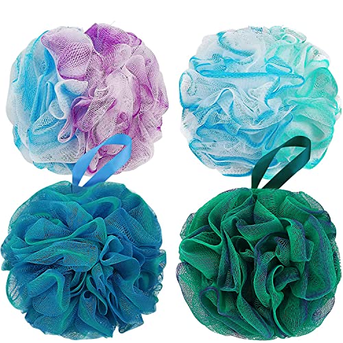 DadyMart Bath Shower Loofah Sponge 75g Bath Mesh Pouf Shower Ball Body Scrubber Exfoliating Bath Sponge for Women and Men, Set of 4, Flower