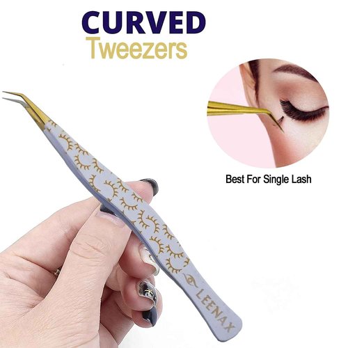 Leenax Professional 2-Piece Eyelash Extension Tweezers Set – Premium Stainless Steel Precision Tweezers with Anti-Slip Grip with Fiber Tips (White)