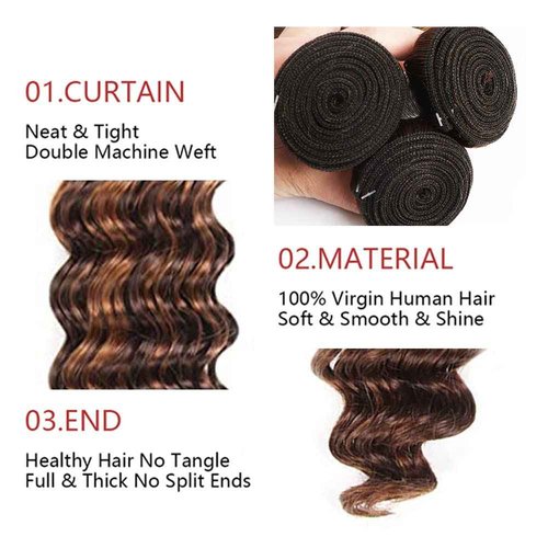 P4/30 Highlight Deep Wave Bundle Brown Human Hair Bundle Brazilian 100% Unprocessed Virgin Extensions Double Weft Piano Color 24 Inch