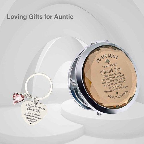 MALLAbyLAMMA Aunt Mirror Compact Engraved, Aunt Keychain, Aunt Gift from Niece, to My Aunt Gift, Auntie Gift from Niece, Sentimental Gift for Aunt Birthday Thanksgiving Christmas
