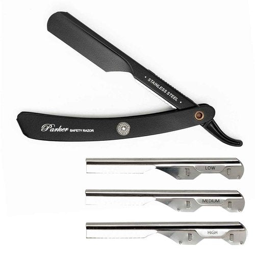 Parker PTABK Adjustable Stainless-Steel Barber Razor | 3 Blade Exposures (Low/Medium/High) | Straight Shavette with 5 Premium Platinum Refills | Black Stainless Steel Handle