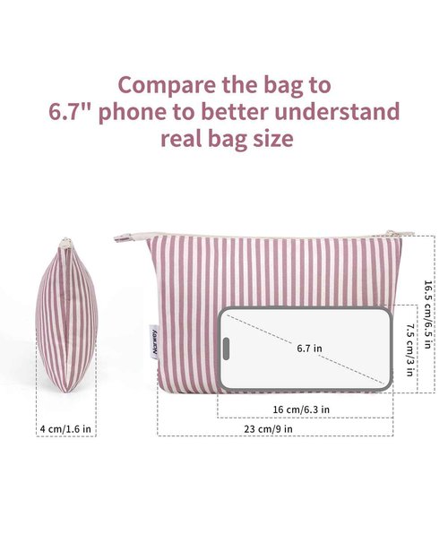 Narwey Small Striped Makeup Bag for Purse Travel Makeup Pouch Cosmetic Bag Zipper Pouch Bags for Women (Dusty Pink Stripe)