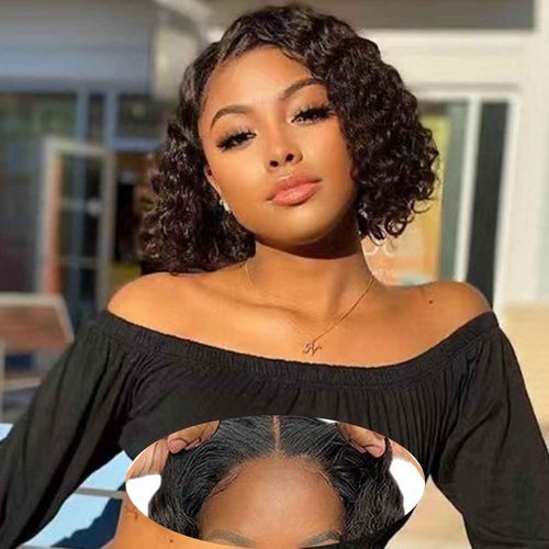 Srakuw Wear and Go Glueless Wigs Human Hair Pre Plucked Pre Cut 4x4 Lace Front Wigs for Black Women for Beginners 180 Density Curly Bob Wig Human Hair (8 Inch)