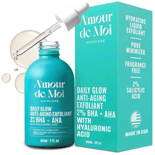 Amour de Moi 2% BHA AHA Liquid Salicylic Acid Exfoliant - Gentle Peel, Pore Minimizer, Face Exfoliator for blackheads, wrinkles with Hyaluronic acid - Fragrance-Free Hydrating for All Skin Types, 2oz