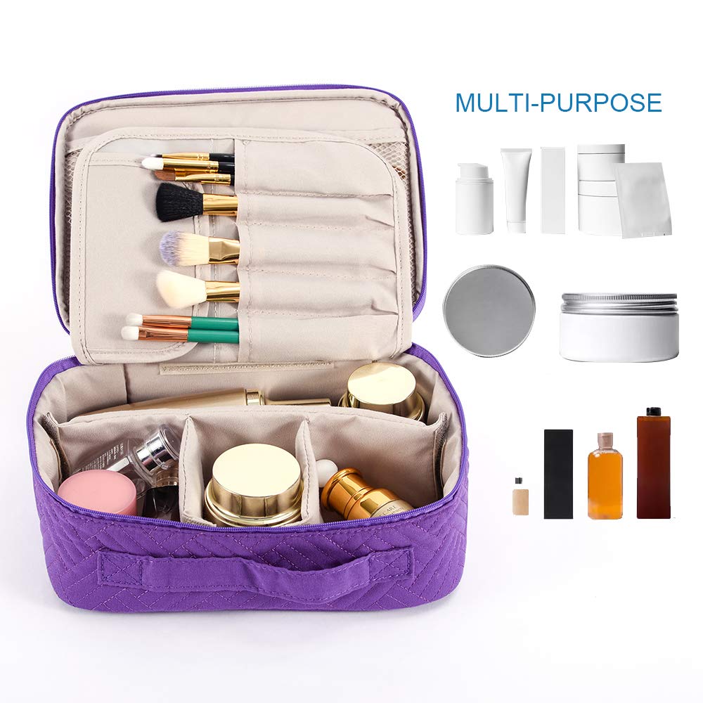 WEIBIN Travel Makeup Bag, Toiletry Bag, Cosmetic Organizer with Adjustable Dividers and Brushes Holder for Purse, Makeup Case Zipper Pouch for Women and Girls-Purple