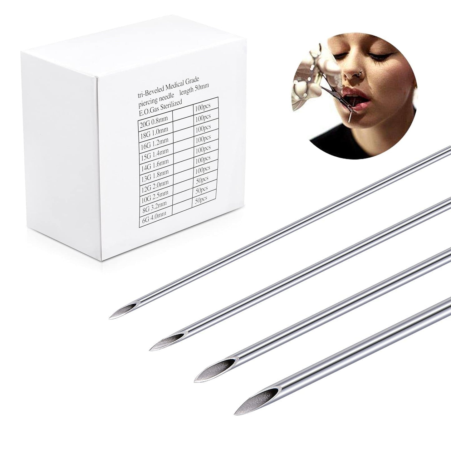 100PCS 20G Body Ear Navel Nose Lip Nipple Piercing Needles,Stainless Steel Disposable Body Piercing Hollow Needles Tool