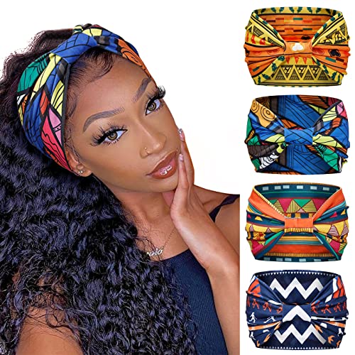 Huachi Wide Headbands for Women Boho Workout Head Bands for Women¡¯s Hair African Knotted Non Slip Headwrap Turban Sport Yoga Girls Bandeau Hair Accessories (Pack of 4)