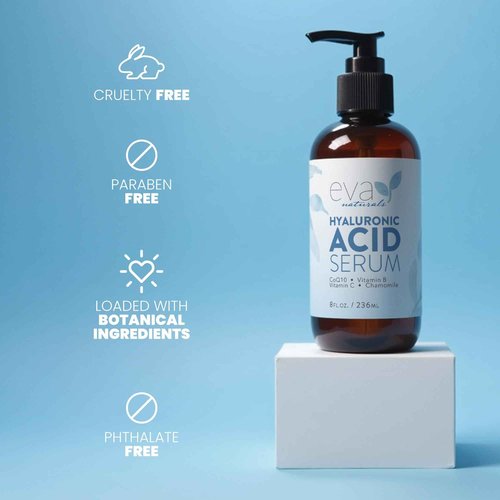 Eva Naturals Anti-Aging Hyaluronic Acid Serum For Face - Professional & Potent Hydrating Anti-Wrinkle Formula For Fine Line & Uneven Skin Tone - Contains Vitamin C, B, & E, Paraben Free (8 Oz)