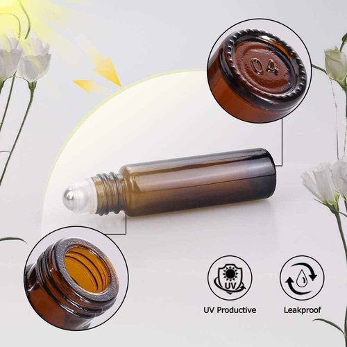sungwoo 4 Pack Essential Oil Roller Bottles Stainless Steel, 10ml Amber Glass Roller Bottles with Caps for Travel, Perfume and Lip Gloss