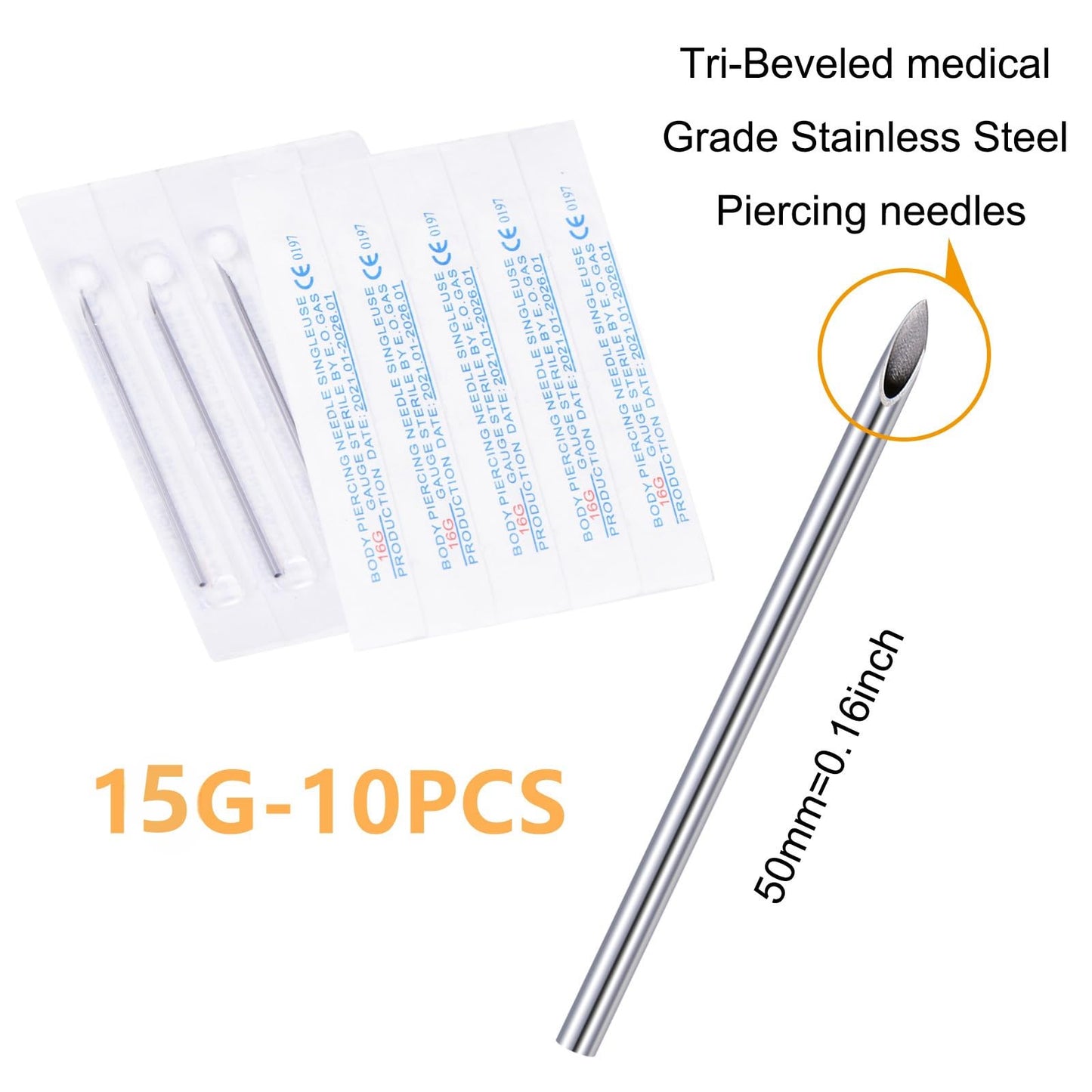 JIESIBAO 10PCS 15G Piercing Needles,316L Stainless Steel Disposable Sterile Piercing Needles for Belly Navel Nipple Tongue Ear Industrial Piercing