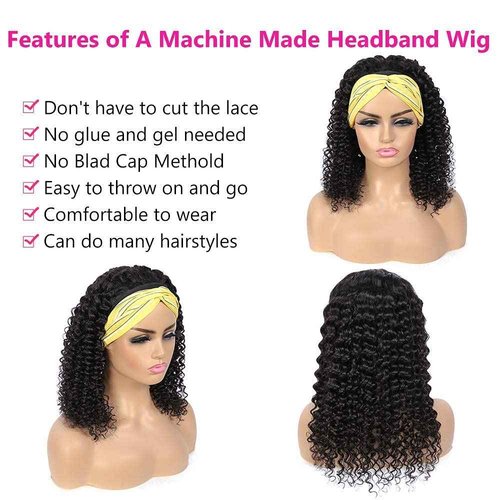 mengkai 10 Inch Curly Headband Wig Human Hair Natural Color Glueless Headband Wigs for Women None Lace Front Wigs With Headband Attached Human Hair Wigs