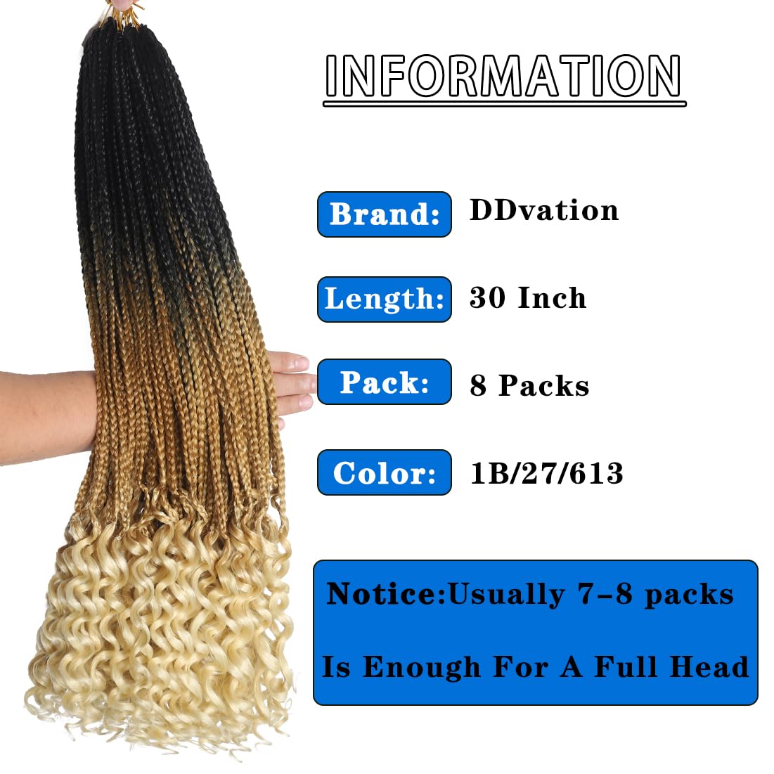 8 Packs 30 Inch Crochet Box Braids Hair with Curly Ends Pre looped Goddess Box Braids Crochet Hair Box Braids Braiding Hair Crochet Braids Hair for Women(30 inch,1B/27/613)