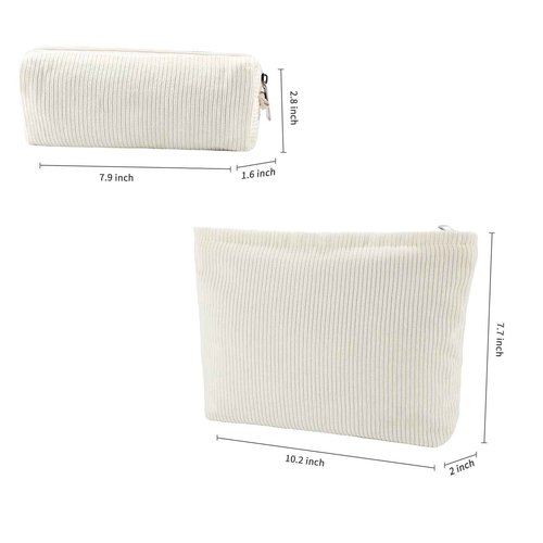 Saikaspotts 2PCS Travel Makeup Bag, Large Capacity Corduroy Cosmetic Bag, Large & Small Pink Toiletry Bag Organizer for Women Storage Cute Makeup Brush Bag-Corduroy Beige