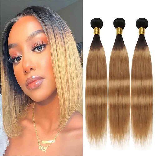 ZCMYVINND Ombre 1B/27 Bundles Honey Blonde Straight Human Hair 3 Bundles 08 10 12 Inch Two Tone Black and Blonde Unprocessed Brazilian Virgin Hair Extensions