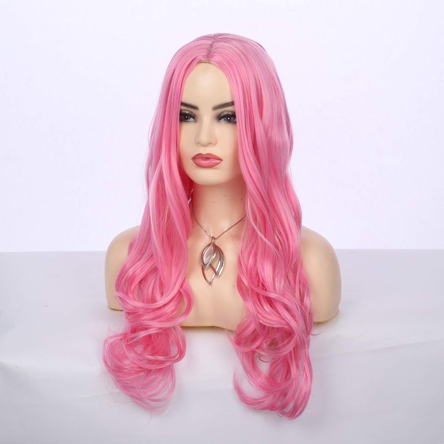 Wiwige Hot Pink Wig for Women Long Wavy Curly Middle Part Nature Looking Heat Resistant Synthetic Cosplay Costume Halloween Party Wig with Wig Cap