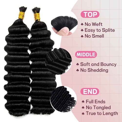 KRN Human Braiding Hair for Boho Braids, 100g/Pack (2 Bundles) Deep Wave Bulk Human Hair for Braiding 12A Grade Brazilian Virgin Hair Boho Hair for Braiding No Weft Bundles Curly Braiding Hair 18Inch