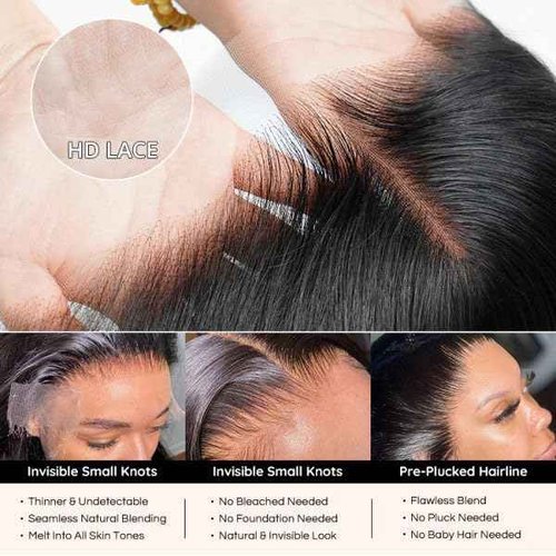 SKINLIKE Real HD Lace Frontal Human Hair Pre Plucked Natural Hairline Invisible Closure Ultra Thin Swiss HD Lace Bleach Knots Closure Human Hair with Baby Hair (5x5 Hd Body Wave, 14 inch)