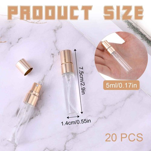 Xthrotsenk 20 Pack 5ml Atomizer Glass Spray Bottles Mini Spray Bottles Glass Perfume Bottle Decant Bottles Gold Mini Sample Bottle Small Tiny Spray Bottle Refillable Mist Travel Sprayer