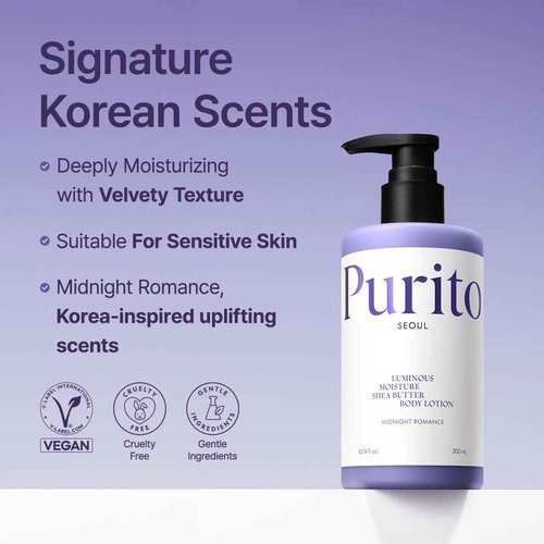 PURITO Luminous Moisture Shea Butter Body Lotion, Shea Butter, Gentle on Skin, Moisturizing, Dry Skin, Pump Bottle, K-Beauty, 300ml / 10.14 fl. oz. (Midnight Romance, 10.14 fl. oz.)