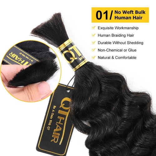 QTHAIR Deep Water Wave Bulk Human Hair For Braiding, 16A, No Weft, 100% Unprocessed Brazilian Water Wave Virgin Hair, one Bundle, Micro Braiding (#1B(Natural Black), 18"-50g, Curly)