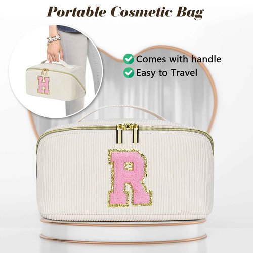 DTBG Personalized Initial Makeup Bag,Christmas Gifts for Girl,Preppy Bag Cosmetic Travel Bag Women,Travel Toiletry Organizer,Large Capacity Corduroy Stuff Bag,Cute Cosmetic Pouch Skincare Bag-C