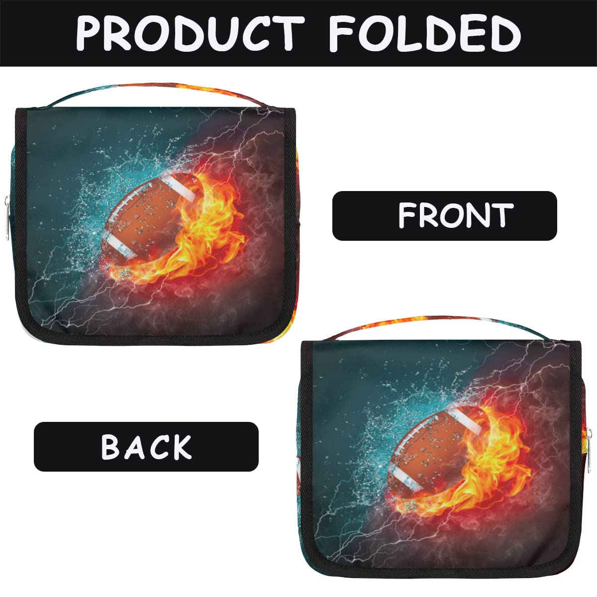 OMFUNS American Football Toiletry Bag for Women Men with Hanging Hook Fire Sport Ball Travel Cosmetic Bag Makeup Case Shaving Bag Organizer Pouch Bathroom Shower Toiletries Accessories