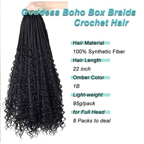 Goddess Box Braids Crochet Hair 8 Packs 3S New Goddess Box Braids Crochet Hair for Black Women Ombre Color Pre-Looped Synthetic Braiding Hair Extension for Black Women（24",8packs,1B）