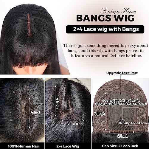 Ruiyu Straight Human Hair Wigs with Bangs 180% Density 2x4 Lace Front Wigs with Bangs Closure Wear and Go Glueless Wigs 100% Brazilian Virgin Human Hair Wigs for Women 18 Inch