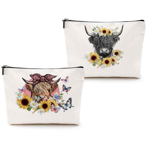 2pcs Western Cow with Sunflower Cosmetic Bag, Coquette Western Cow Makeup Bag Zipper Pouch Travel Toiletry Sunflower Gifts For Women Girls Sisters Friends
