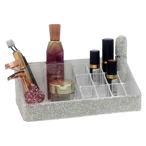 Bestbling Bling Rhinestone Luxury Multi-Functional Acrylic Transparent Makeup Organizers Display Rack -Large Capacity Cosmetic Organizer, Storage, Box & Desktop Lipstick Holder (Silver)