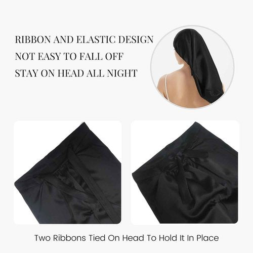 FATEGEART 19 Momme 100% Pure Mulberry Silk Cap for Sleeping Women,Adjustable Long Silk Bonnet for Curly Hair-Night Cap with Elastic (US, Alpha, One Size, Black)