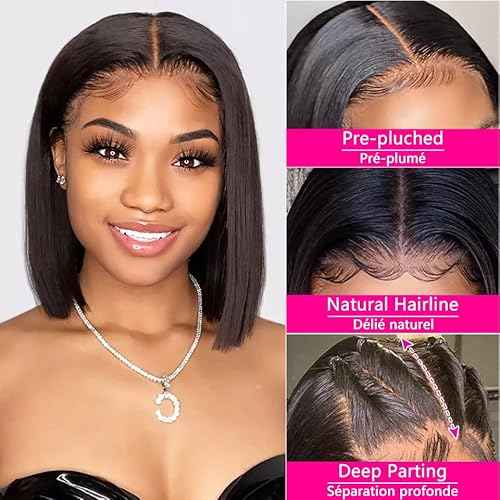 Bob Wig Human Hair 16 Inch 13x4 HD Frontal Bob Wigs Human Hair Pre Plucked with Baby Hair Straight Wigs for Black Women 180% Density Natural Black Wig