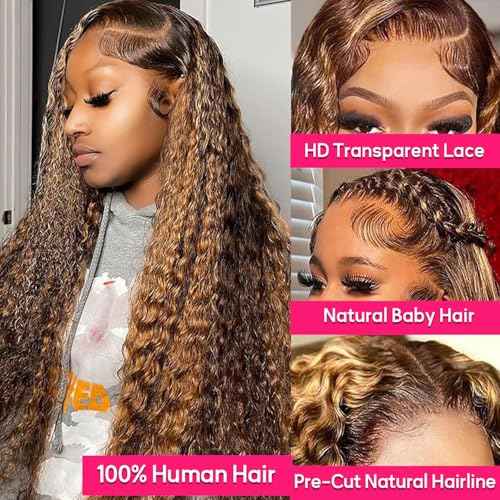 Juvid Highlight Ombre 13x6 Lace Front Wigs Human Hair 4/27 Honey Blonde Deep Wave Curly Human Hair Wig HD Transparent Frontal 180% Density Glueless Wig 20inch for Black Women Pre Plucked Hairline