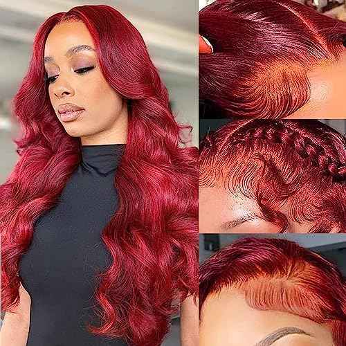 99J Burgundy Wine Red Color Body Wave 13x4 HD Lace Front Glueless Wigs Human Hair Pre Plucked Bleached Knots with Baby Hair Wigs Brazilian Human Hair Natural Hairline Wigs for Women(24Inch)