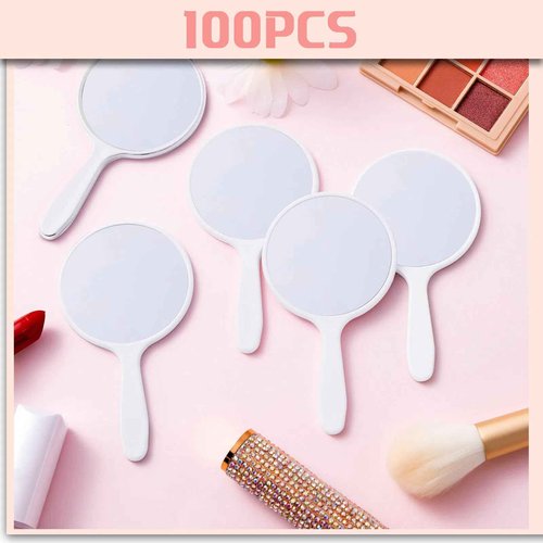 Vinsot 100 Pcs Handheld Mirror Bulk Small Hand Compact Mirrors with Handle Plastic Travel Makeup Portable 3.94 x 2.16 Inch for Birthday Dress up Wedding Practice Pronunciation (White)