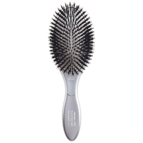 Olivia Garden Ceramic + Ion Supreme Styler Cushion Paddle Brush - Boar & Ionic for Shine, Frizz Control & Smoother Hair - 100% Boar Bristles - Silver