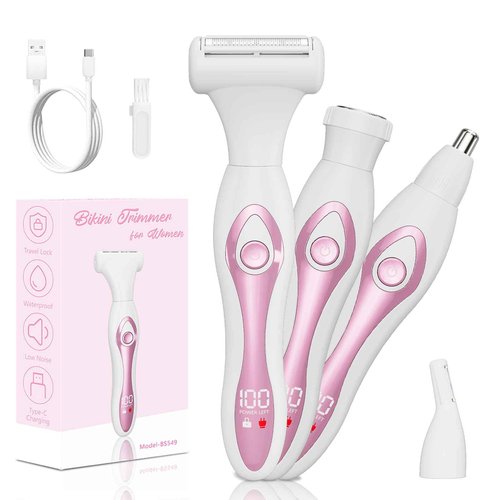 Electric Razors for Women, Painless Bikini Trimmer for Women for Silk Skin, 4-in-1 Wet/Dry Cordless Body Shaver, IPX6 Waterproof Replaceable Facial, Eyebrow, Nose Trimmer, Type-C Fast Charge, Pink