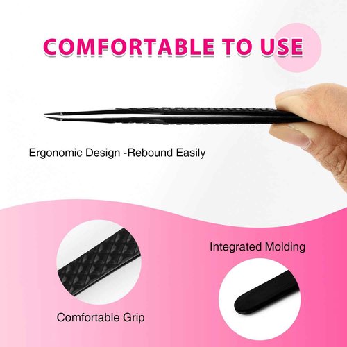 TDANCE Lash Tweezers for Eyelash Extensions, Diamond Grip 90 Degree Fiber Tip Lash Tweezers for Volume Lashes Make Fans, Stainless Steel Lash Extension Tweezers(Black-05)