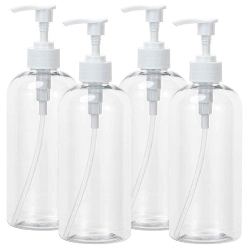 Yebeauty Plastic Pump Bottle, 4 Pack 17oz/500ml Stylish Shampoo Bottles Refillable Hand Pump Bottle Dispenser with Press for Massage Oil, Liquid Hand, Clear