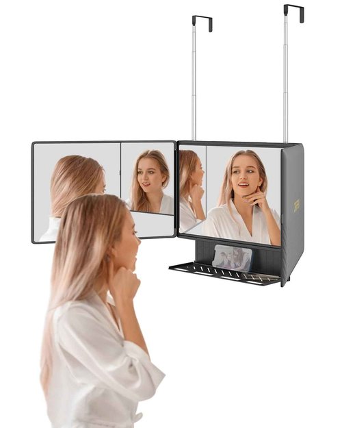 Dripex 3 Way Mirror with Storage Shelf, Trifold Self Haircut 360° Barber Mirror with Height Adjustable Hooks for Makeup, Styling, Shaving, Braiding, Dye Hair