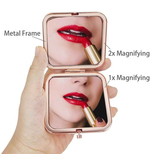 PDOZV Small Compact Mirror, Rosegold Square 2.8”×2.8” Metal Frame Smooth Style Double Sided Mini Magnifying 1X/2X Mirror for Purse Can be Used as Gifts for Woman (RG01)