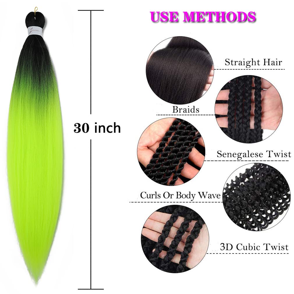 Pre Stretched Braiding Hair Extensions 30 Inch 3 Packs Crochet Twist Braids Hair High Temperature Synthetic Fiber Braid Hair Hot Water Setting（30",Black-Yellow Green）