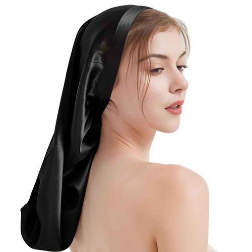 FATEGEART 19 Momme 100% Pure Mulberry Silk Cap for Sleeping Women,Adjustable Long Silk Bonnet for Curly Hair-Night Cap with Elastic (US, Alpha, One Size, Black)