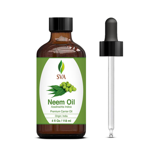 SVA Neem Seed Oil - 4 Fl Oz – 100% Natural Cold Pressed Neem Oil - for Face, Skin Care, Hair Care, Scalp Massage & Body Massage – Carrier Oil with Dropper