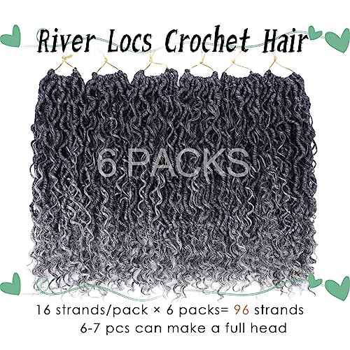 LIYATE Goddess Locs Crochet Hair 14 Inch 6 Packs Faux Locs Crochet Hair for Black Women Pre Looped Soft River Locs Crochet Braids with Curly Hair Bohemian Hippie Locs Hair Extensions(T1B/Gray)