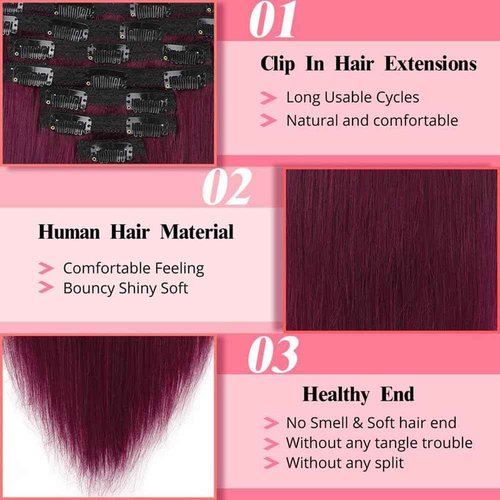 ShowJarlly Clip in Hair Extensions Real Human Hair 14 Inch Straight Clip Ins 8 Pcs Brazilian Remy Hair Extensions for Women #99J Burgundy