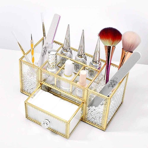 YUEHUA Makeup Brush Holder Organizer,Clear Glass Nail Polish Lipsticks Cosmetic Organizer for Vanity Bathroom Bedroom Office