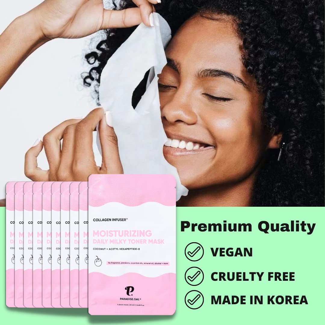 ParadiseGal Moisturizing Face Masks (10-Pack) Korean Skincare Infused with Collagen, Coconut, Acetyl Hexapeptide-8, Niacinamide & Ceramide - Hydrating Solution for Dry Skin