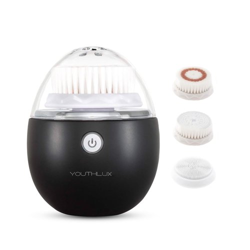 YOUTHLUX Pure Radiance, Vibrating Facial Cleansing Brush, Electric, 3 Modes, 3 Brush Heads (2 Bristle,1 Silicone), Waterproof, Rechargeable, Smart Timer, Exfoliating, Massage (Black)
