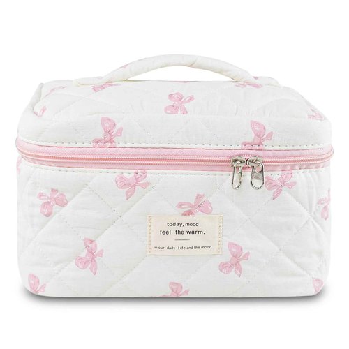 GISMTR Makeup Bag, Quilted Bow Cosmetic Bag, Large Travel Aesthetic Make up Bag, Cute Coquette Toiletry Bag for Women Girls